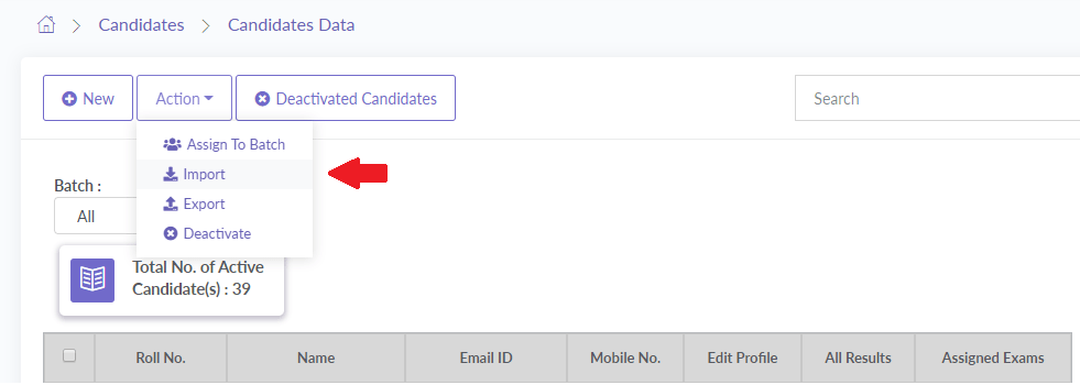 Import Candidate for Online Exam Process Menu