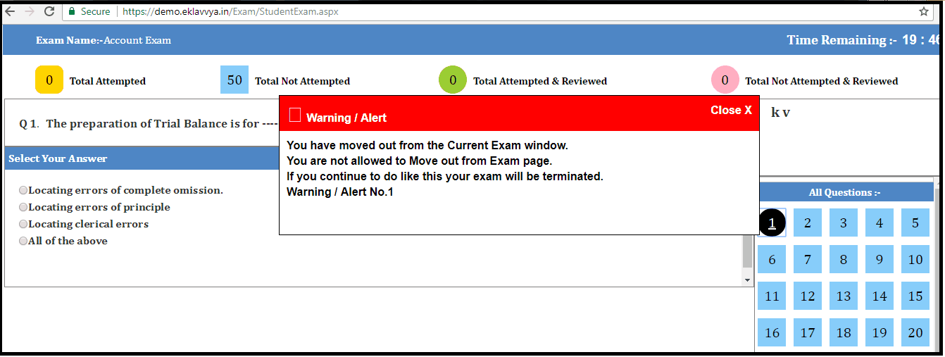 Online Exam window alert screen