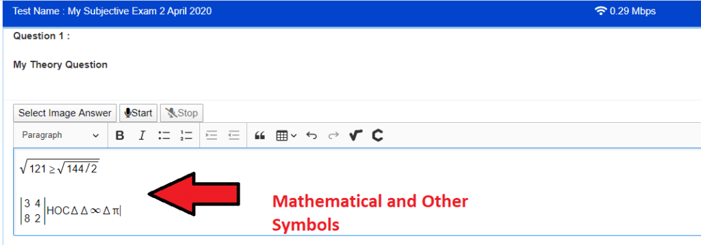 Mathematical symbols on subjective exams