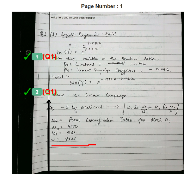 Sample photocopy of an evaluated answer sheet with onscreen marking annotations and question-wise marks