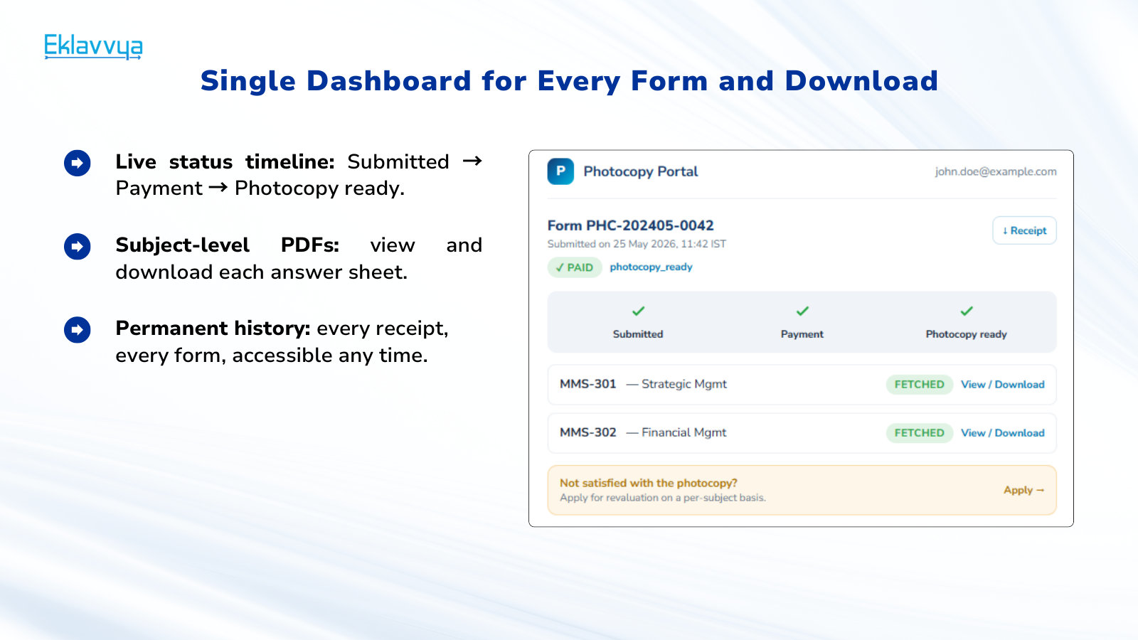 Photocopy portal dashboard with live status timeline, per-subject evaluated answer sheet PDF downloads and revaluation option