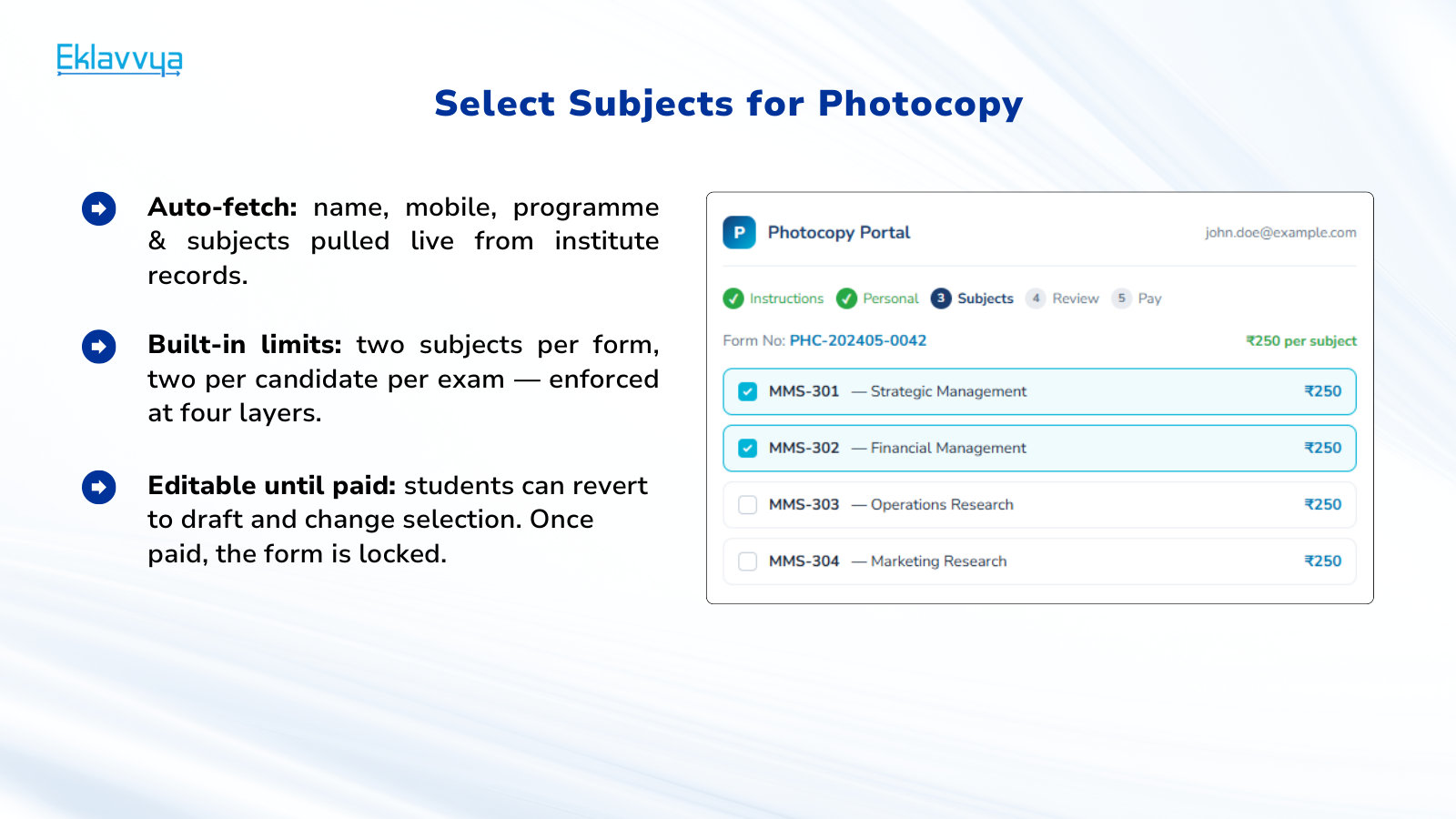 Photocopy request portal subject selection screen with per-subject fee and two-subject limit enforced on screen